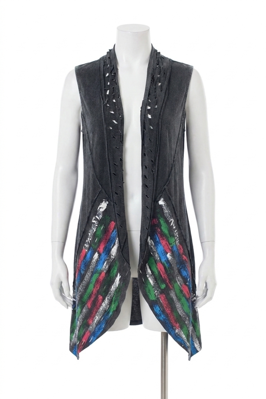 NEW ANGEL APPAREL hand painted laser cut vest in charcoal